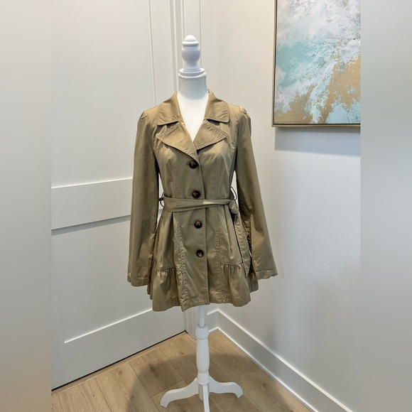 Decree 100% cotton belted ruffle bottom khaki trench coat feminine lightweight - Picture 1 of 11